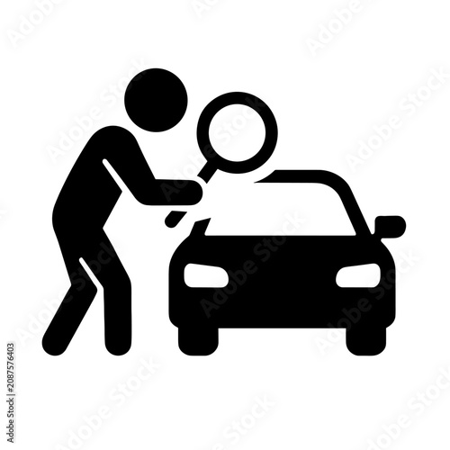 Foto Inspector using a magnifying glass to examine a car indicates a thorough vehicle inspection process