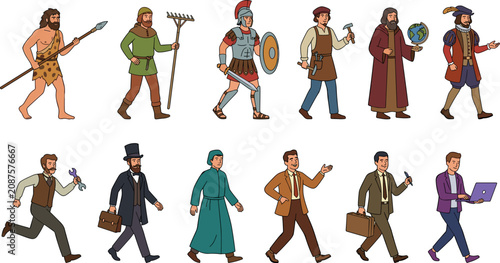 Quadro su tela Human History Timeline and Evolution of Professions Character Set showing Cavema
