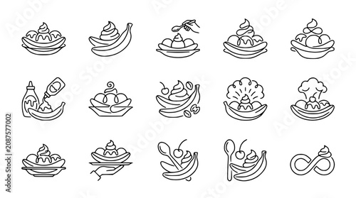 Banana Split Ice Cream Desserts Collection - Outline Icons Set