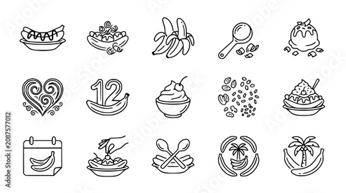 Banana Dessert Icons: Hand-drawn illustrations of sweet banana treats and tropical fruit.