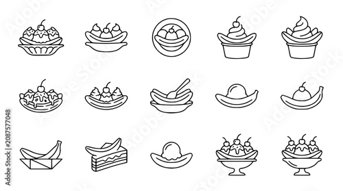 Banana Split Dessert Icons Set Line Art