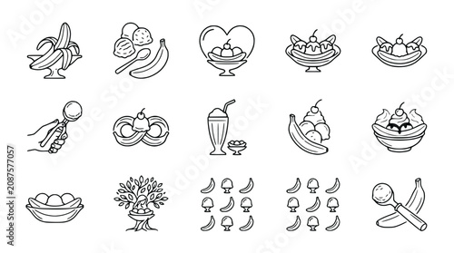 Banana Desserts Icons: Ice Cream, Sundaes, Splits, Smoothies, Fruit Bowls