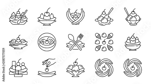 Dessert Icons: Banana Splits, Ice Cream Sundaes, Cherries, and Fruit Bowls - Line Art