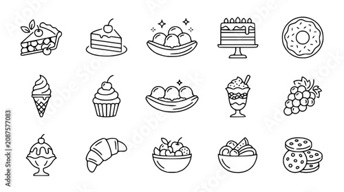 Dessert Icons Set: Cakes, Ice Cream, Cookies, Donuts, Croissants - Outline Vector Graphics