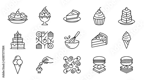 Dessert Icons Line Art: Cakes, Ice Cream, Pies, Cupcakes, Bananas Foster, Cherries, Macarons