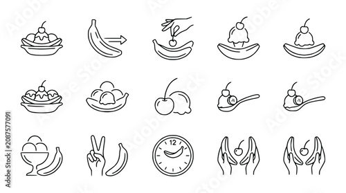 Banana Split Icons: Dessert, Fruit, Sweet Treat, Food & Drink Line Art Collection