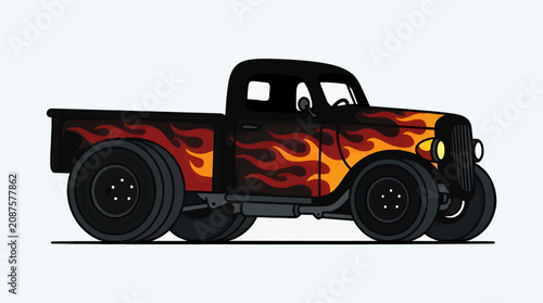 Foto Flat Vector Illustration of a Lowered Black Hot Rod Truck with Fiery Flame Graph