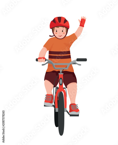 Cartoon vector illustration of a young boy wearing a helmet and riding a red bike while waving his hand. Isolated character on a white background.