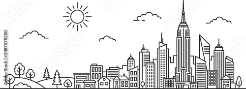 Black and white new york city skyline with sun
