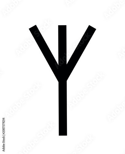 Vector silhouette illustration of the ancient Scandinavian Algiz rune symbol. Minimalist pagan protection talisman icon isolated on a white background.