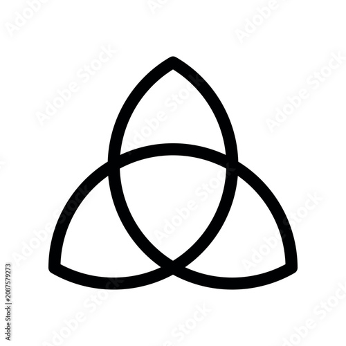 Vector line art illustration of a classic Celtic triquetra trinity knot symbol. Minimalist sacred geometric pagan sign isolated on a white background.