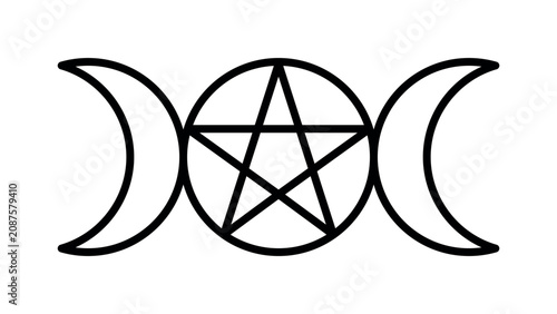 Schilderij op canvas Vector line art illustration of the wiccan Triple Moon Goddess symbol with a central pentagram