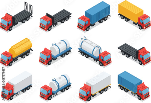 Set of isometric cargo trucks and commercial transport vehicles with red cabs and different trailers for delivery and logistics services in a flat graphic style icon