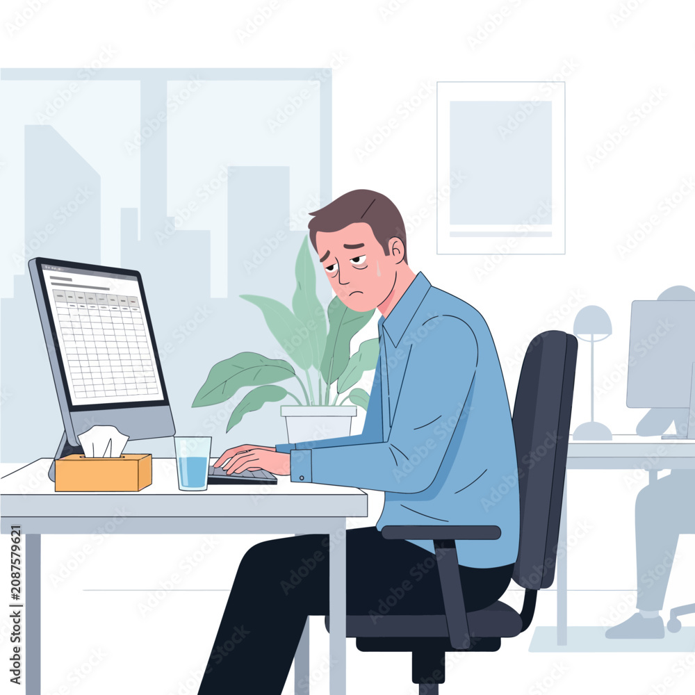 Fototapeta premium Tired Businessman Working Overtime At Late Night Office Desk