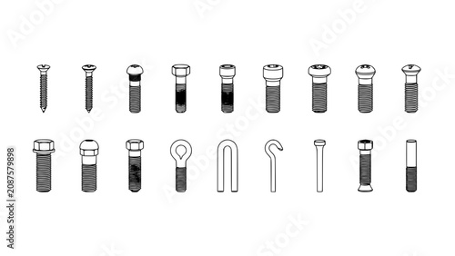 Collection of Various Screw and Bolt Fasteners and Hardware, Depicted as Line Art Icons on White Background.