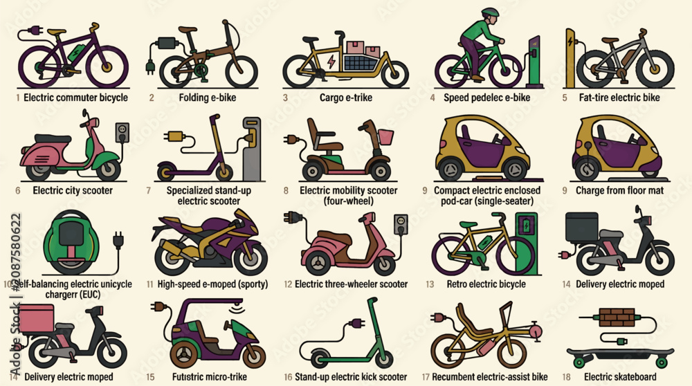 Fototapeta premium Set of 18 Flat Vector Icons Depicting Various Electric Vehicles and Personal Transports, Including E-bikes, Scooters, E-trikes, and Electric Cars, Illustrated in a Clean Graphic Style with a Light