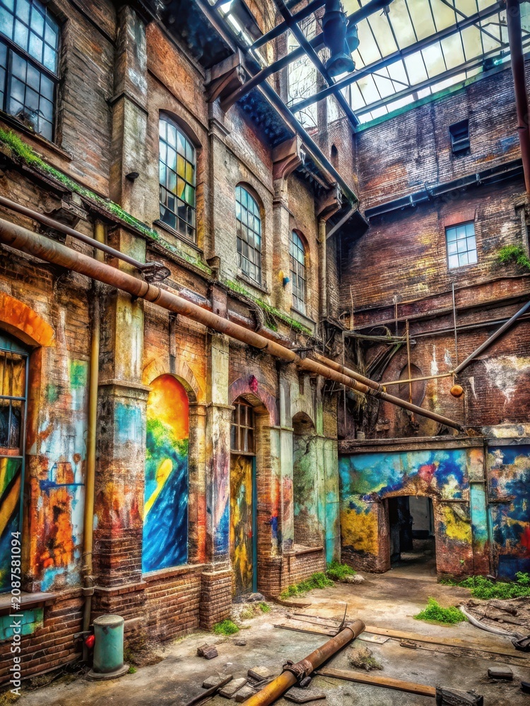 Fototapeta premium Abandoned building with vibrant mural on crumbling brick walls and rusty metal pipes in decayed surroundings