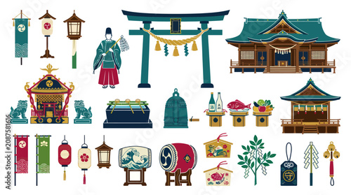 Japanese Shinto Shrine Elements and Traditional Cultural Symbols Flat Vector Illustration Collection