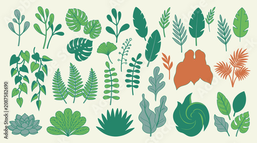 さまざまな種類の熱帯植物や観葉植物の葉をフラットなデザインで描いたベクターイラストセットで、自然やボタニカルなテーマの装飾やデザイン素材として活用できるおしゃれなグラフィックコレクションです。