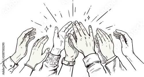 Clapping Hands Applauding Vector Illustration with Sketch Style Crowd Clapping, Celebration Sparkles, and Group Success Symbols for Business Concert and Event Designs
