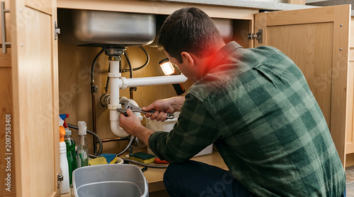 Plumber with Neck Pain: Home Repair Injury, Work-Related Strain, Ergonomic Risk, Occupational Health Issue, Body Ache