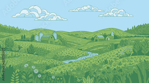 緑豊かな丘陵地帯と農場が広がるのどかな田園風景を描いた、手描き風の温かみのあるイラストレーション。青い空と白い雲、小川が流れる牧歌的な農村の環境を表現した、自然と農業をテーマにした背景素材。