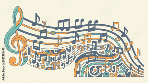 カラフルな音符と五線譜が流れるように描かれた、音楽とリズムを表現したイラストレーション。