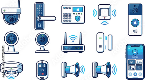 Obraz na płótnie Smart home security system icons set with cctv camera electronic door lock alarm