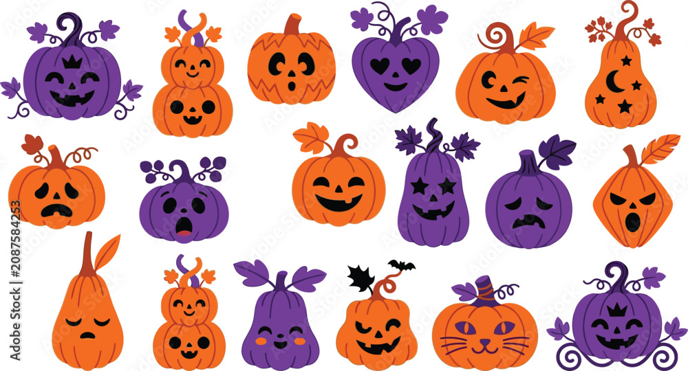 Obraz premium Halloween Pumpkin Collection: A vibrant assortment of playful and spooky Halloween pumpkins, each with a unique carved face, adorned with autumnal leaves and vines, ready for trick-or-treaters