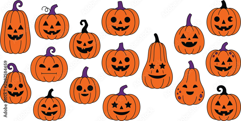 Obraz premium Halloween Pumpkin Collection: A vibrant assortment of carved pumpkins, each with a unique, expressive face, arranged together to celebrate the spirit of Halloween and autumn festivities.