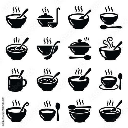Foto Set of soup and bowl icons in black silhouette style with restaurant silhouette