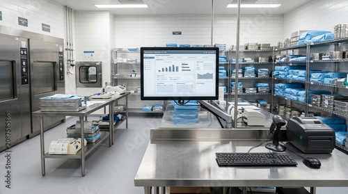 Hospital Central Sterile Processing Monitor with Instrument Tracking - Healthcare Operations Stock Photo