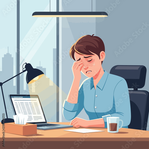 Sad Employee Crying At Desk Overwhelmed By Workload Burnout