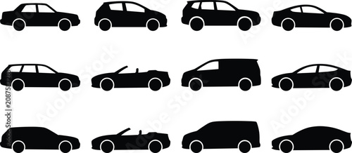 Fotografie Car Silhouettes Vector Set - Automobile Icons Sedan SUV Van and Convertible Desi
