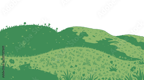 Ilustracja wektorowa przedstawiająca zielone wzgórza pokryte trawą i polnymi kwiatami na białym tle, idealna jako tło do projektów graficznych związanych z naturą i ekologią.