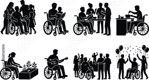 Bild auf Leinwand Set of black silhouettes featuring people in wheelchairs participating in variou