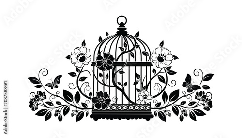 Vintage birdcage adorned with blooming roses and fluttering butterflies, a decorative illustration