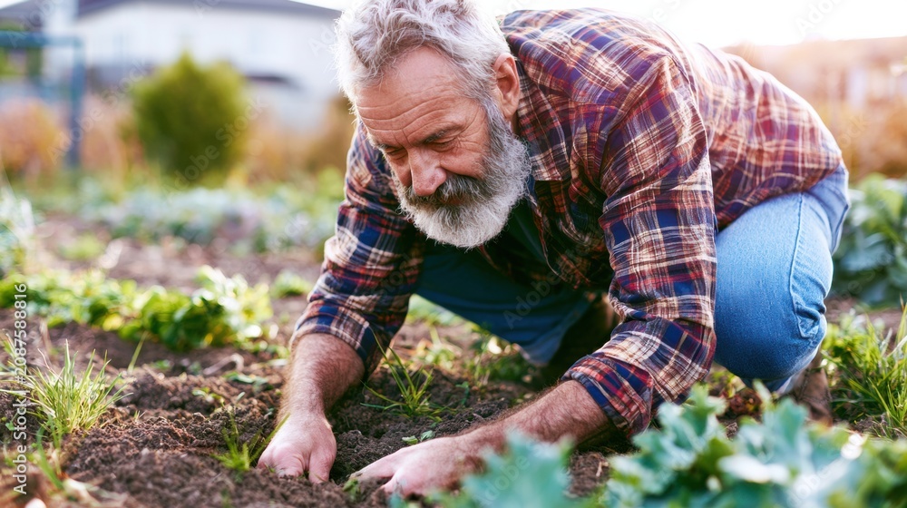 Fototapeta premium Senior man gardening outdoors, planting vegetables in home garden. Active retirement lifestyle keeping body moving and growing fresh food