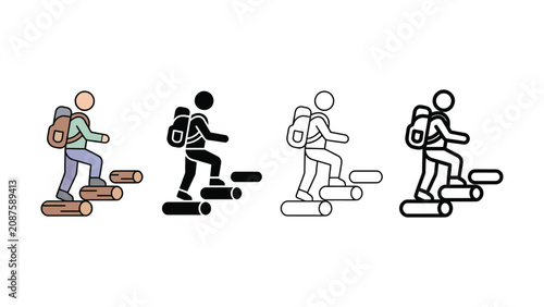 Tableau sur toile Hiker with backpack ascending log steps abstract representation of climbing