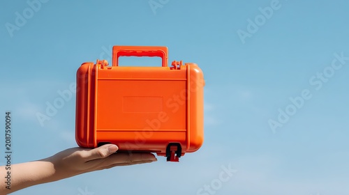 Bright orange case held against clear blue sky.