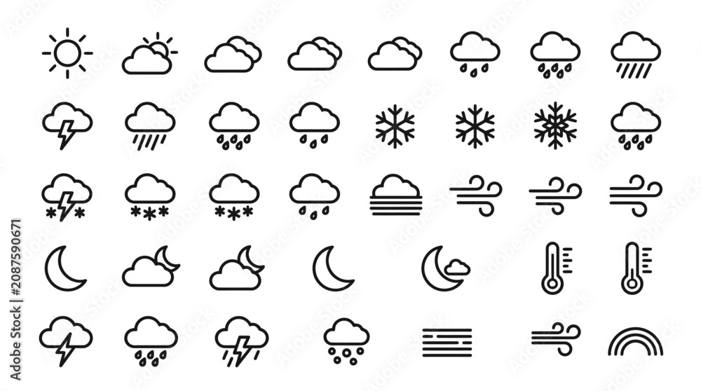 Naklejka premium Detailed set of linear weather icons representing various atmospheric conditions like rain clouds sun and wind patterns displayed in a professional grid layout on white background