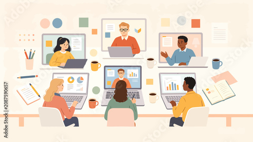 Modern flat vector illustration of professionals engaging in a virtual business meeting via laptop screens, showing data charts, financial analytics, and team collaboration.