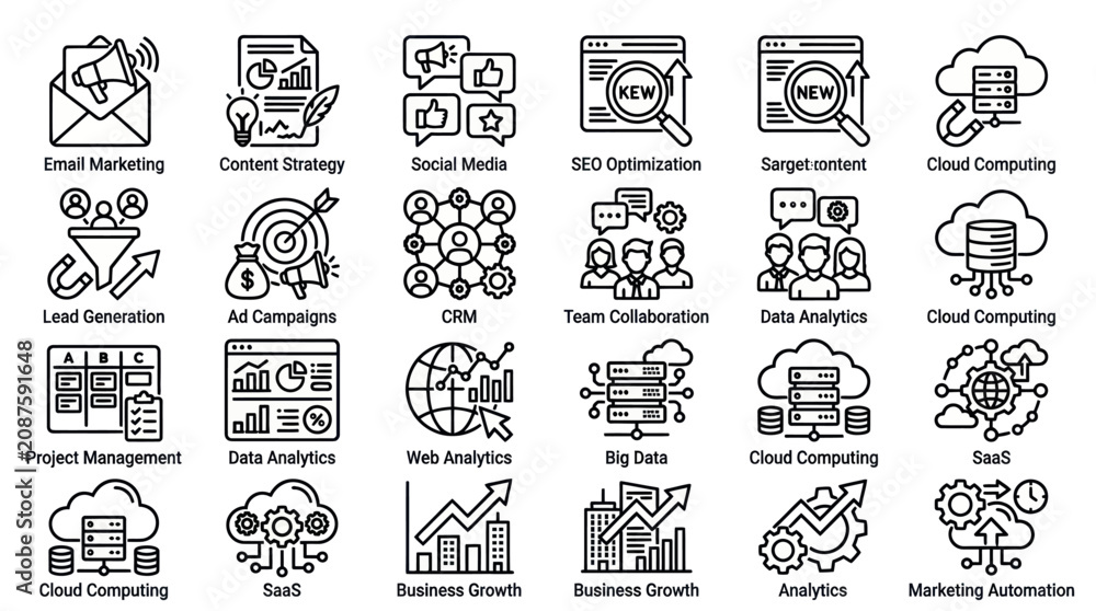 Fototapeta premium Digital marketing and business strategy icons.