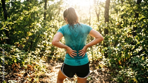 Young woman hiker standing on a forest trail holding her lower back in pain during a sunny summer day outdoor exercise session in the woods