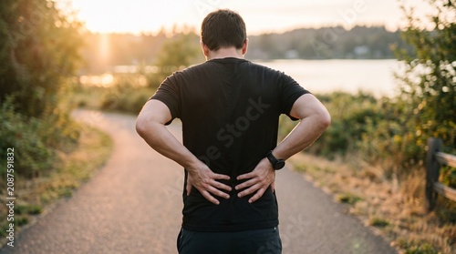 Runner holding back in pain while exercising on a paved outdoor trail during a bright summer sunset with soft golden lighting and blurred nature background
