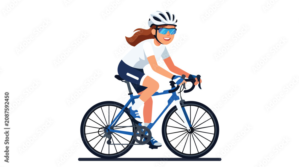 Fototapeta premium Female road cyclist riding bicycle in modern flat vector illustration for athletics and sports equipment marketing