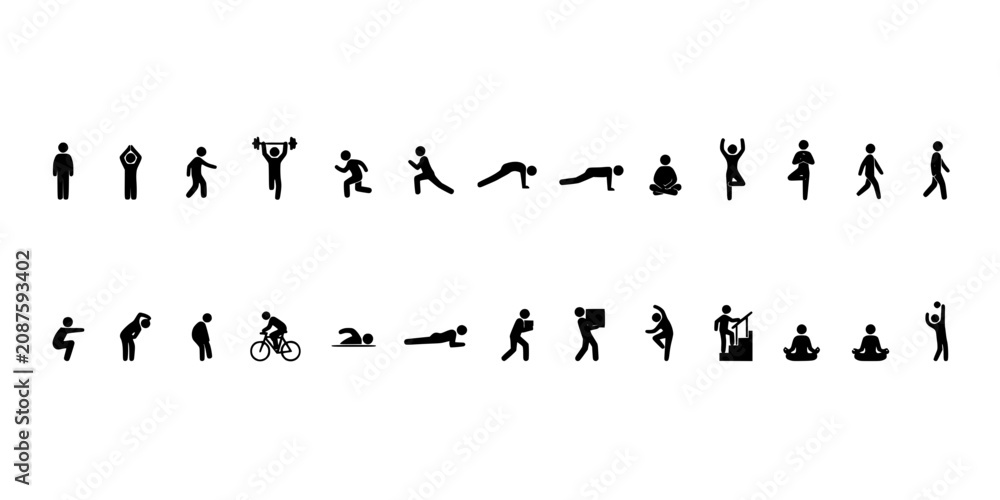Obraz premium Collection of 20 Black Silhouette Icons Depicting Various Human Activities and Exercises Featuring Icon, Person, Activity
