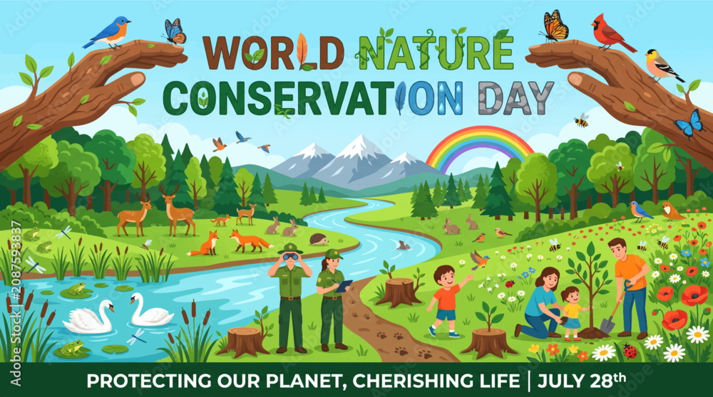 Naklejka premium Illustrated celebration of with diverse wildlife with vibrant whimsical celebration _World Nature Conservation Day