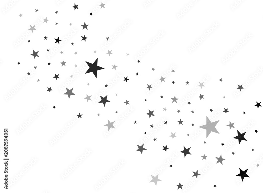 Obraz premium Abstract pattern featuring numerous scattered black and gray fivepointed stars on a crisp white background, creating a festive, elegant, and modern design element for various uses.