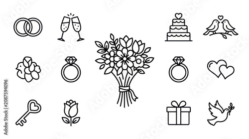 Wedding and romance celebration line icons
